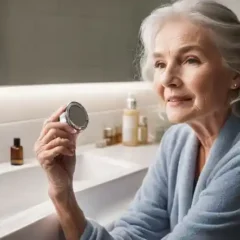 A senior woman applying skincare products in a well-lit bathroom with various facial expressions.