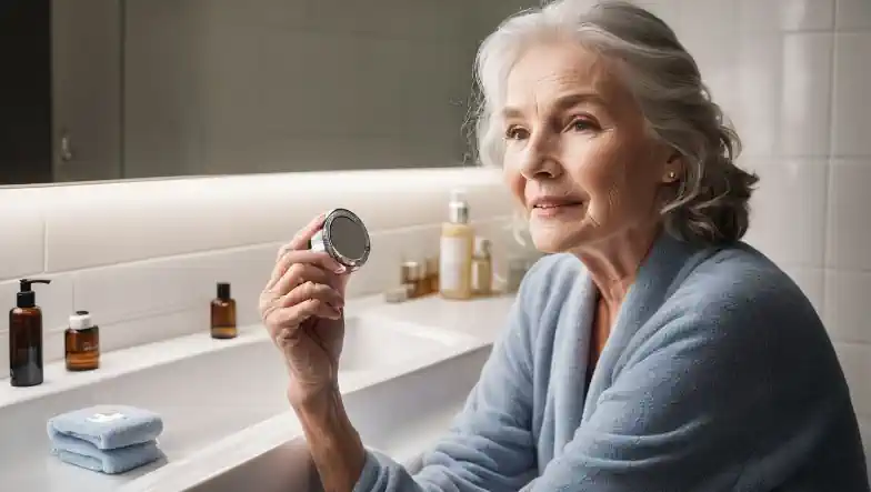 Skin Care Products for 70 Year Old Woman. A senior woman applying skincare products in a well-lit bathroom with various facial expressions. 
