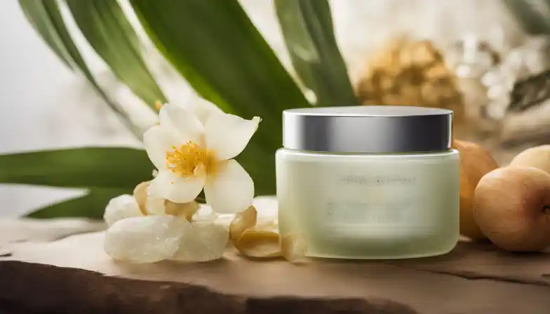 A jar of anti-aging cream surrounded by hydrating ingredients, diverse models, and high-quality photography.