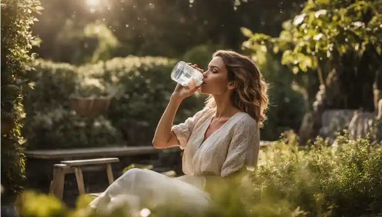 A woman enjoying a drink of water in a garden setting, captured in high-quality photography.
