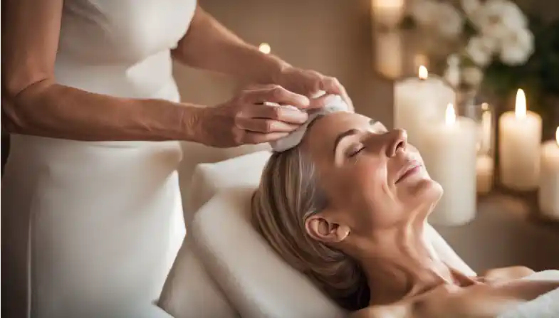 A mature woman enjoys a gentle facial massage in a serene spa setting.