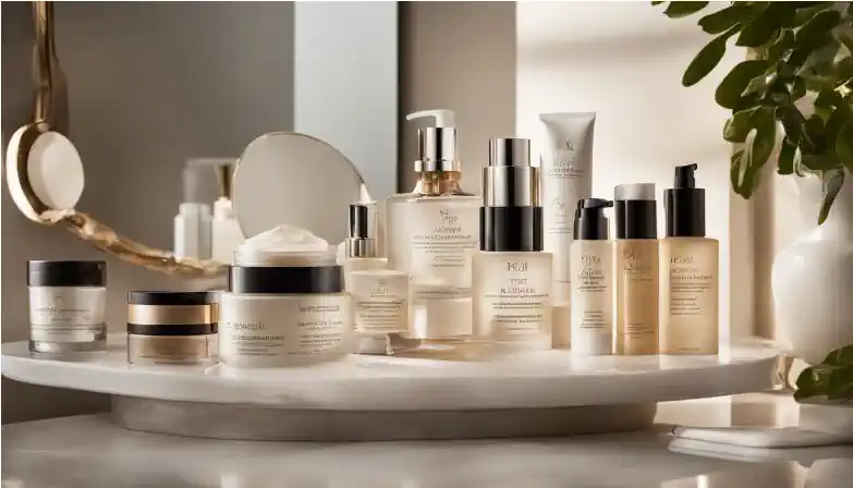 A collection of skincare products for mature skin on an elegant vanity.