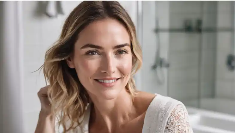 A woman with mature skin using CeraVe Hydrating Facial Cleanser in a bright, airy bathroom.