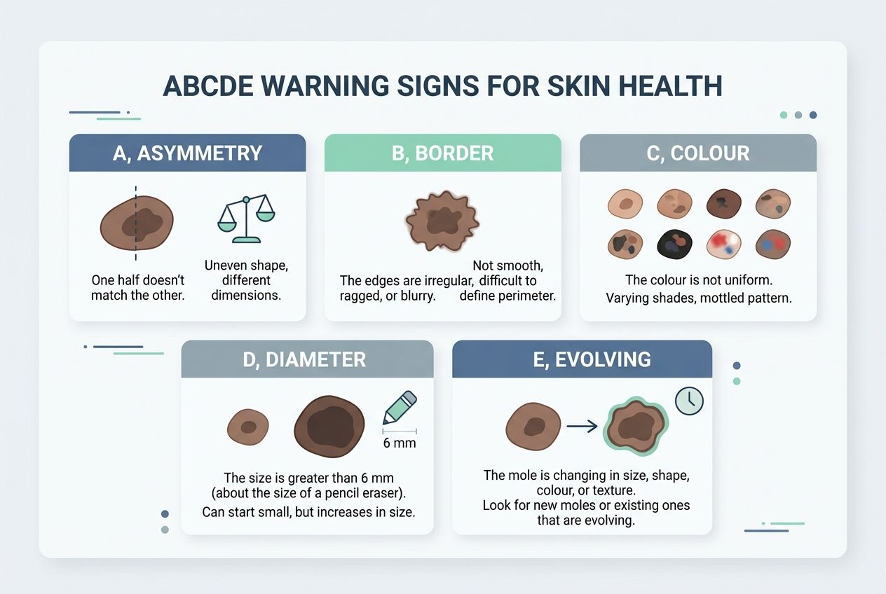 A minimalist chart detailing the ABCDE warning signs of melanoma. A minimalist chart detailing the ABCDE warning signs of melanoma.