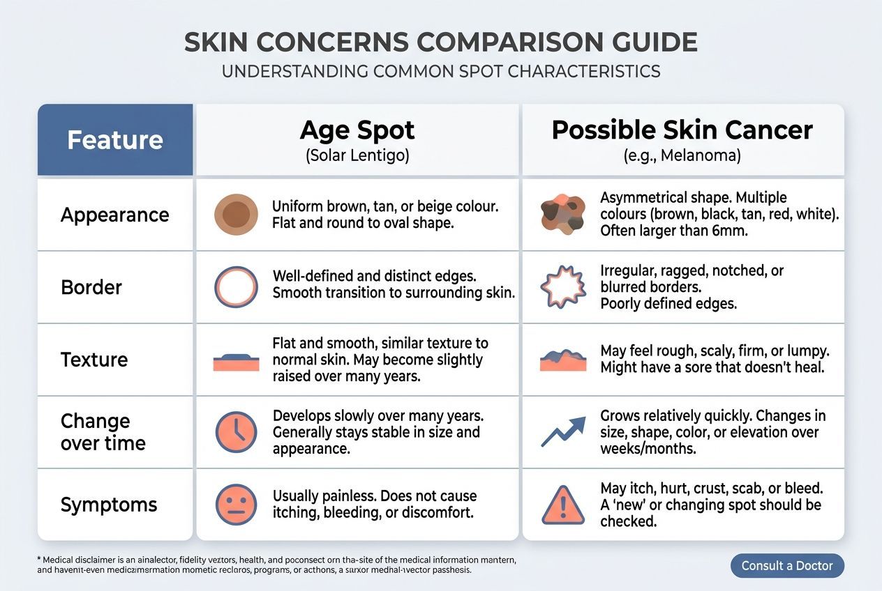 A comparison table highlighting the differences between age spots and possible skin cancer. A comparison table highlighting the differences between age spots and possible skin cancer.