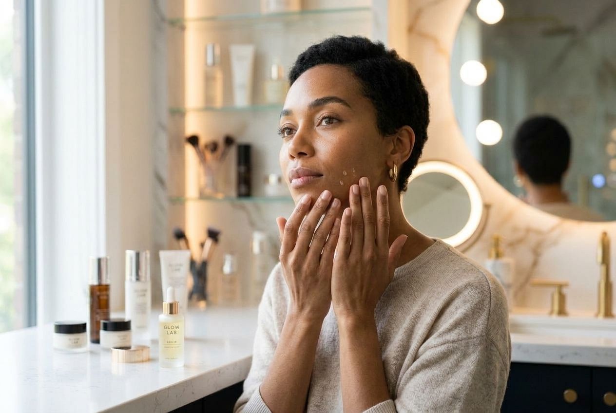 A person carefully applying skincare serum to their face and neck at a bright vanity.