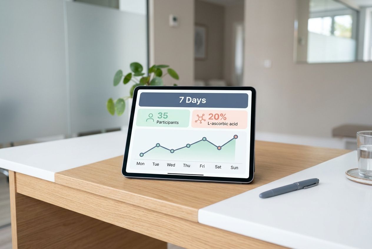 A sleek digital display showing key dark spot corrector statistics including a 7-day timeline and 20% L-ascorbic acid. A sleek digital display showing key dark spot corrector statistics including a 7-day timeline and 20% L-ascorbic acid.