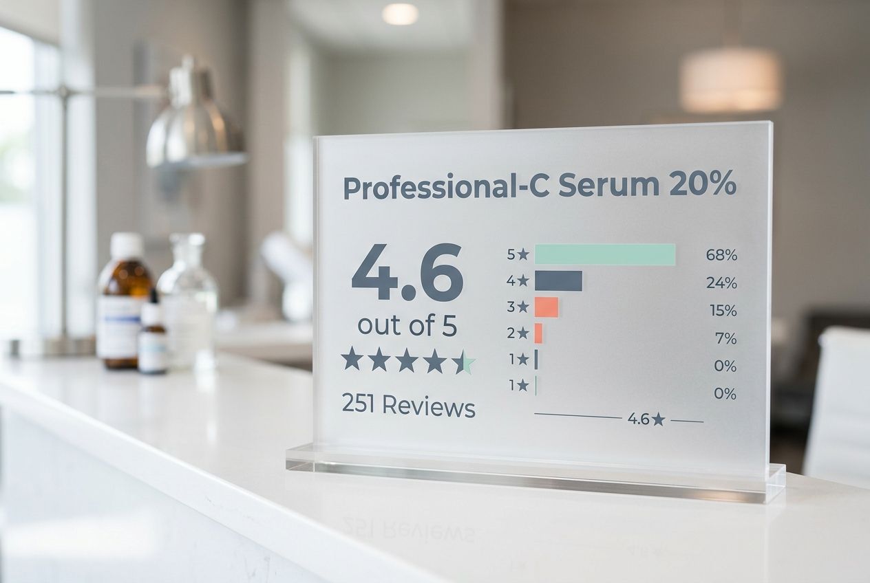 A modern display highlighting a customer satisfaction rating of 4.6 out of 5 for a vitamin C serum. A modern display highlighting a customer satisfaction rating of 4.6 out of 5 for a vitamin C serum.