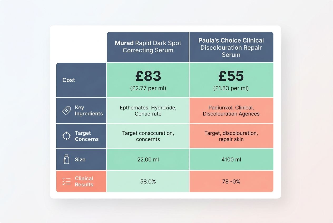 A pricing comparison chart showing the cost per bottle and per millilitre for both serums.