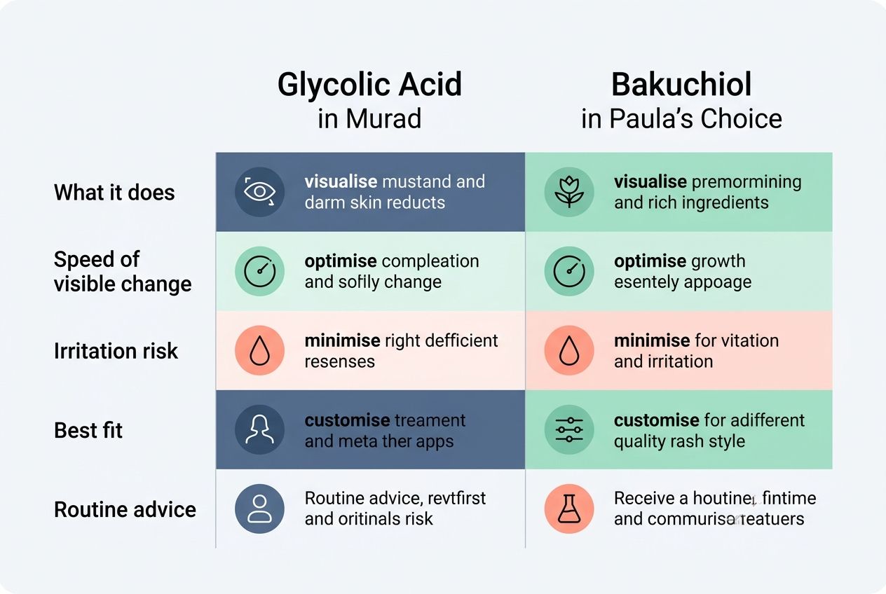 A comparison chart detailing the differences between Glycolic Acid and Bakuchiol.