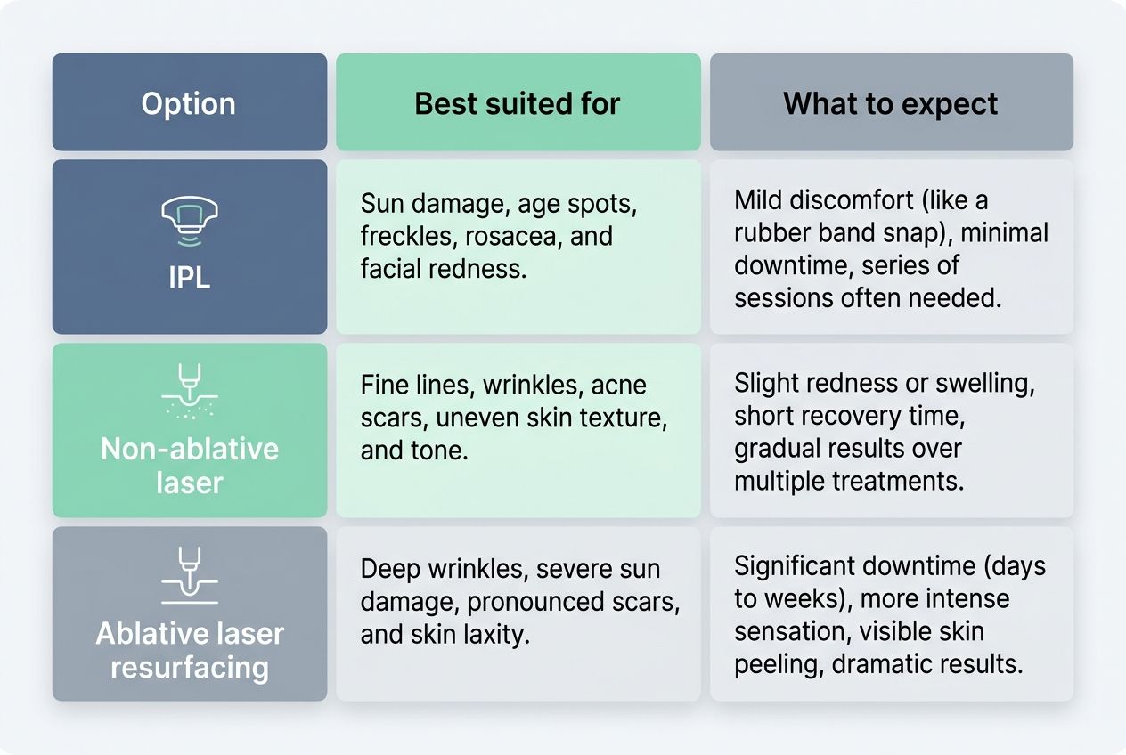 A chart detailing laser treatment options for age spots, including IPL, non-ablative, and ablative lasers.