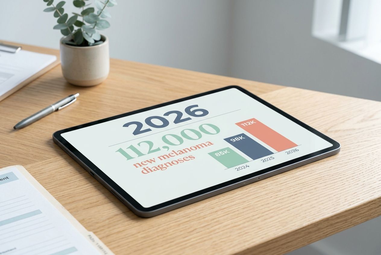 A digital tablet on a clean desk displaying a statistic about 2026 melanoma diagnoses. A digital tablet on a clean desk displaying a statistic about 2026 melanoma diagnoses.