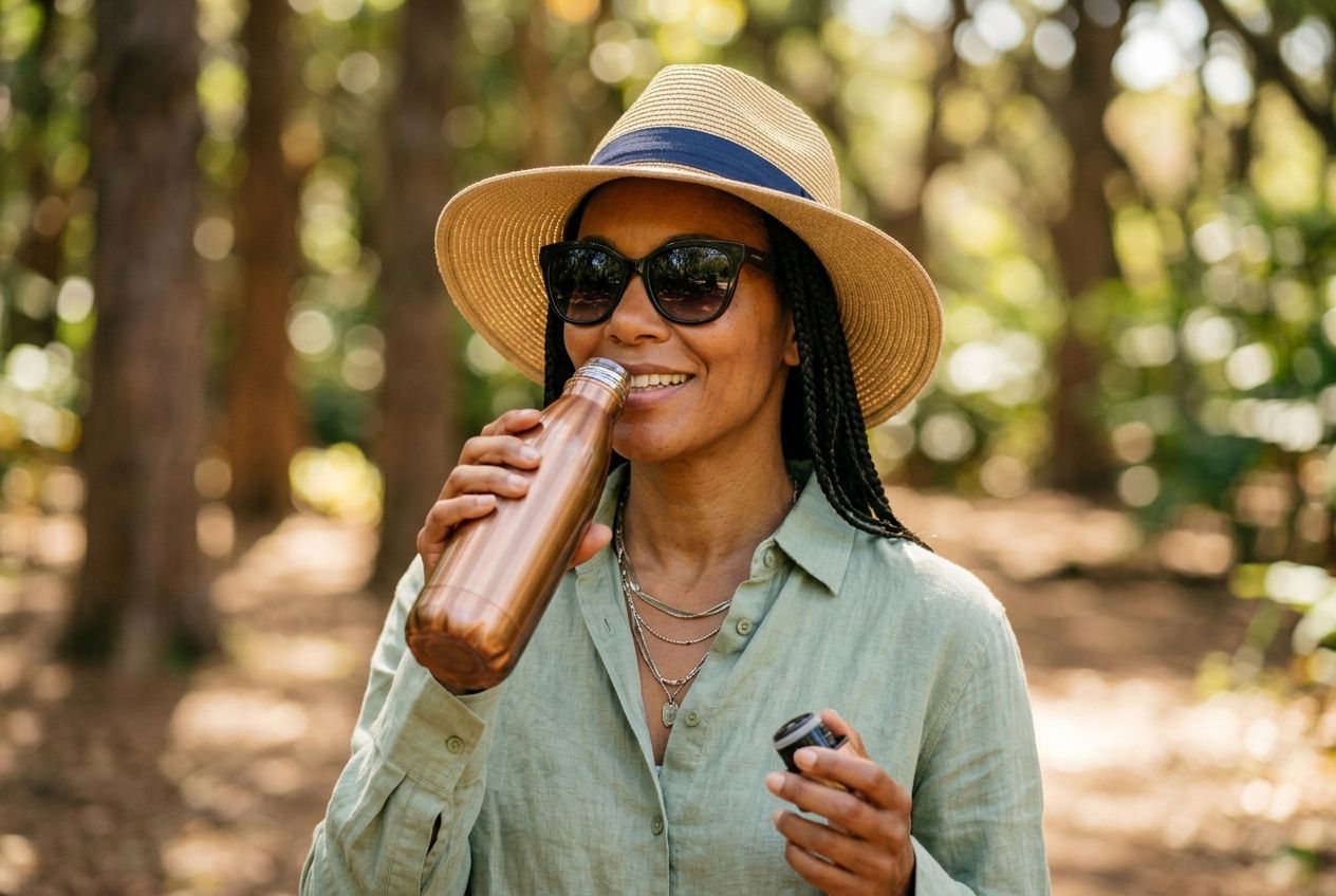 A person wearing a wide-brimmed hat and sunglasses taking a sip from a reusable water bottle in a park. A person wearing a wide-brimmed hat and sunglasses taking a sip from a reusable water bottle in a park.