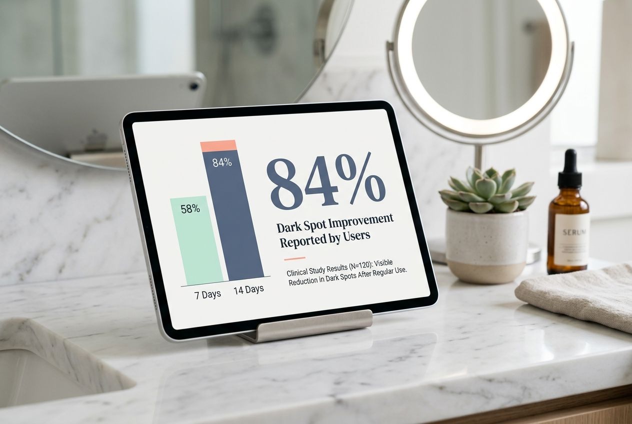 A digital tablet displaying an infographic with 84 percent and 14 days statistics for dark spot reduction.