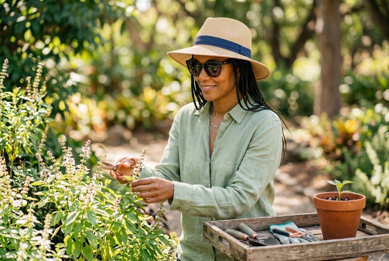 A person wearing a wide-brimmed hat and long sleeves doing light gardening outdoors in the sun. A person wearing a wide-brimmed hat and long sleeves doing light gardening outdoors in the sun.