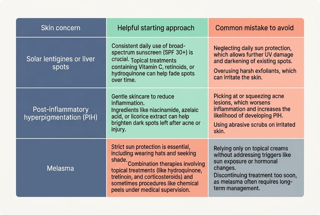 A data visualization table comparing treatments and mistakes for solar lentigines, post-inflammatory hyperpigmentation, and melasma.