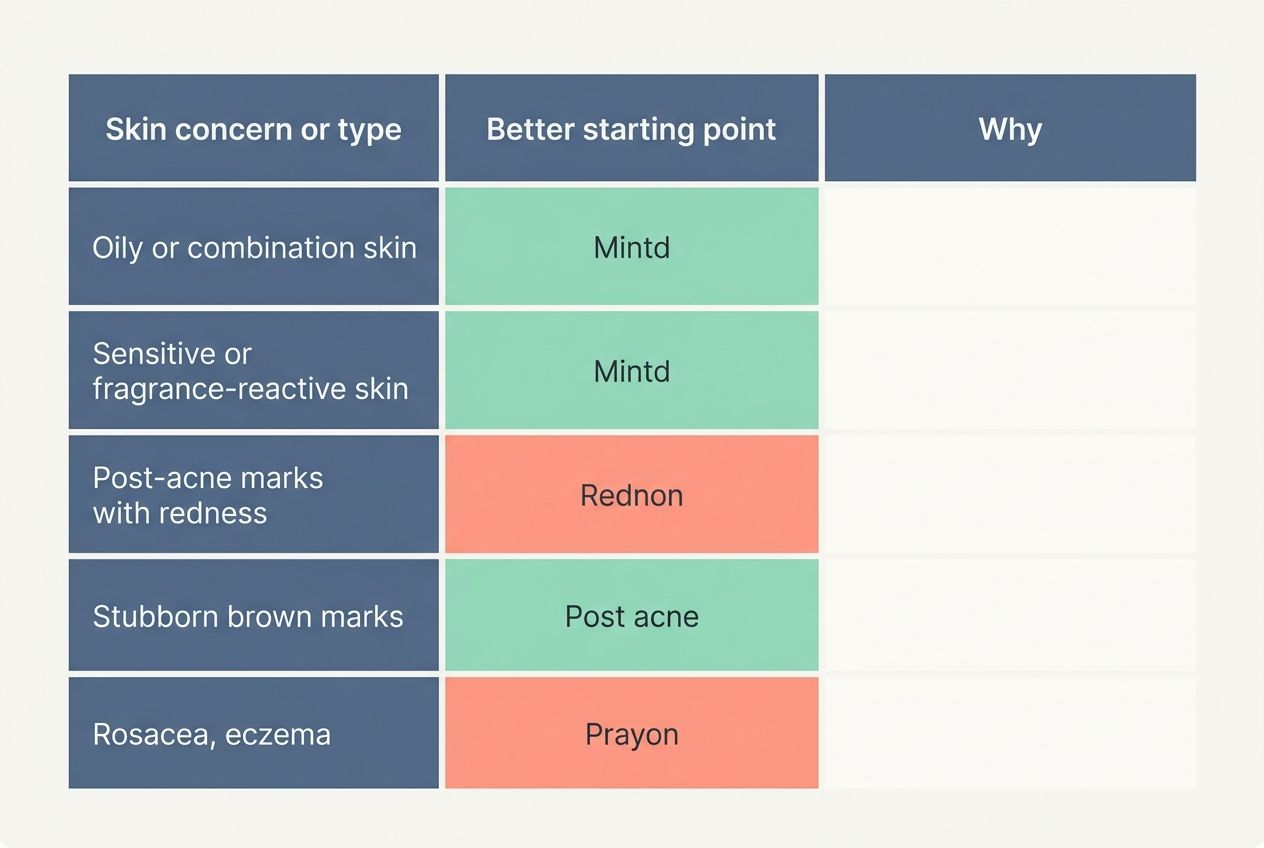 A table matching different skin types and concerns with the most suitable dark spot serum.