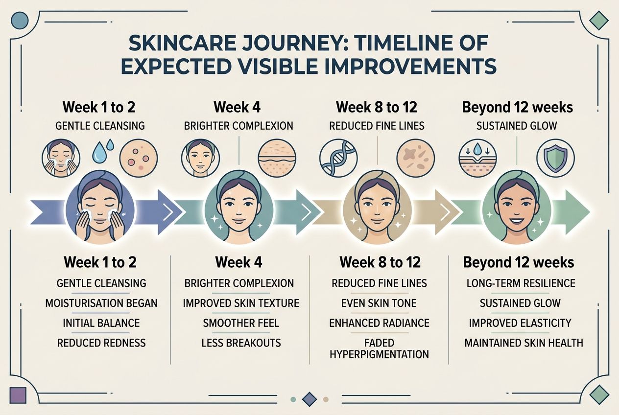 A timeline infographic showing the expected skincare results from week one to beyond twelve weeks.