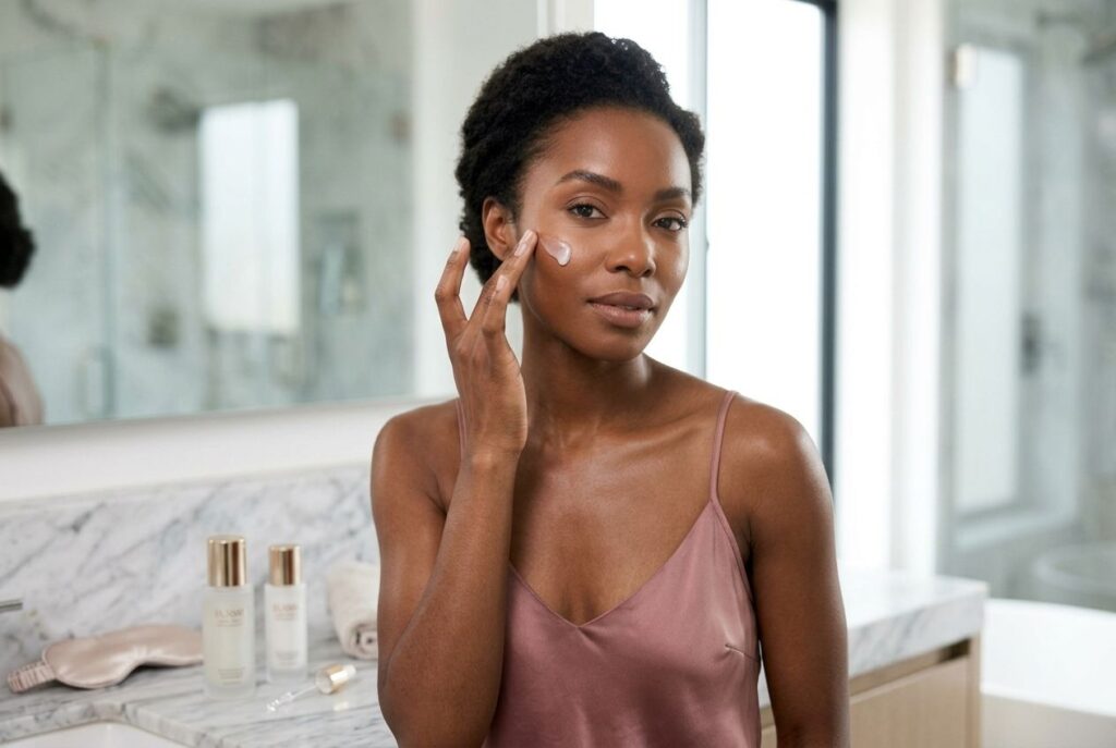 Woman applying-skincare serum.