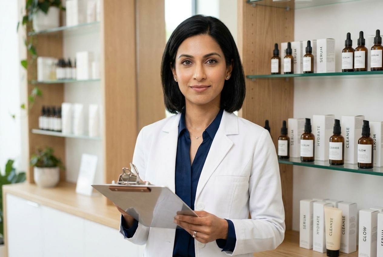 A skincare expert holding a clipboard, advising on safe product usage and patch testing.