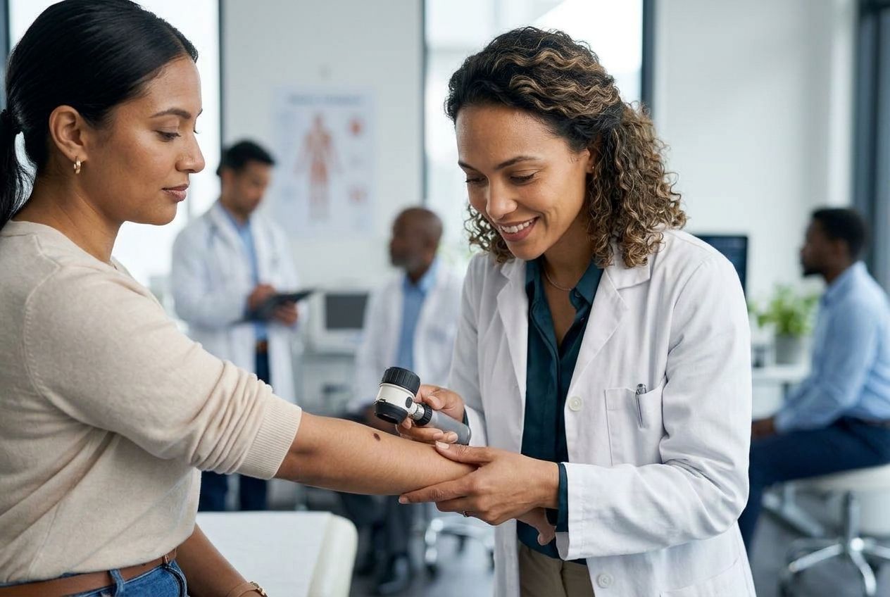 A medical expert assessing a patient's age spot in a bright consultation room.