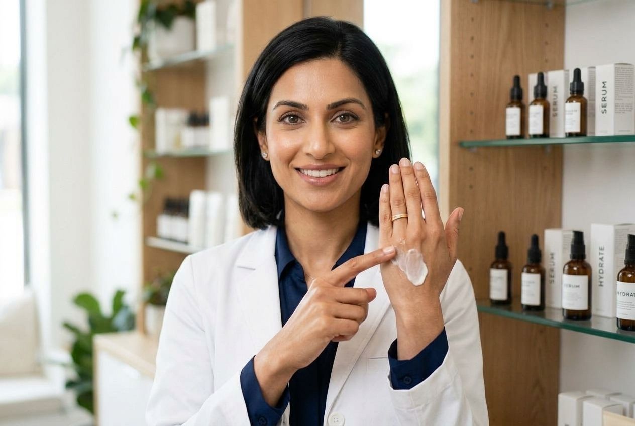 A skincare professional demonstrating the smooth texture of a moisturiser on their hand.