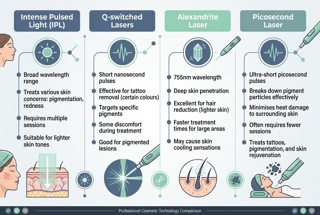 An infographic comparing IPL, Q-switched, Alexandrite, and Picosecond laser technologies.