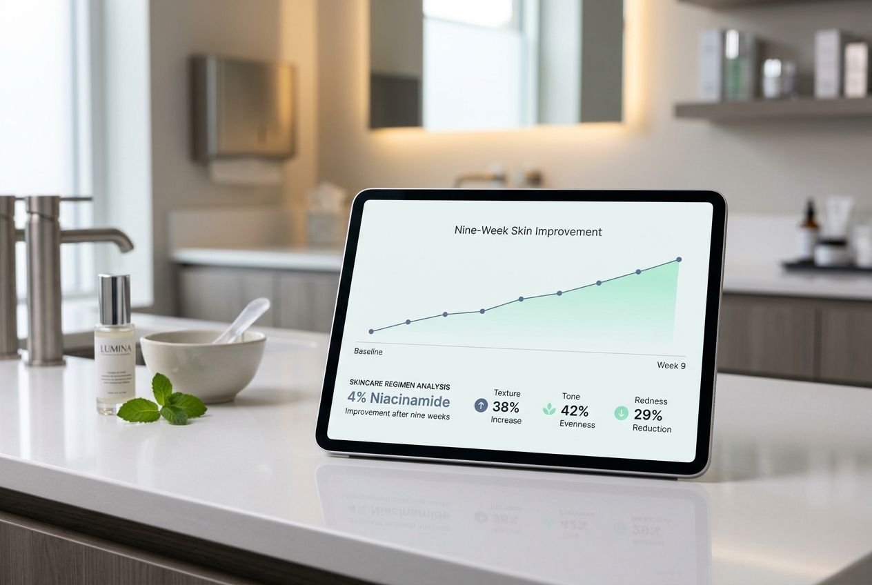 An infographic displayed on a tablet highlighting a 4 percent niacinamide improvement after nine weeks.