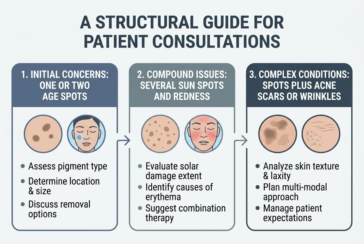 An infographic listing common patient concerns like age spots, sun spots, and acne scars alongside consultation questions.