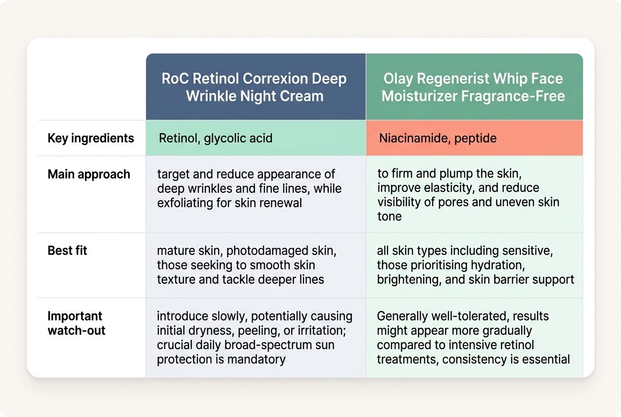 A digital comparison table showing the differences between RoC and Olay dark spot treatments.
