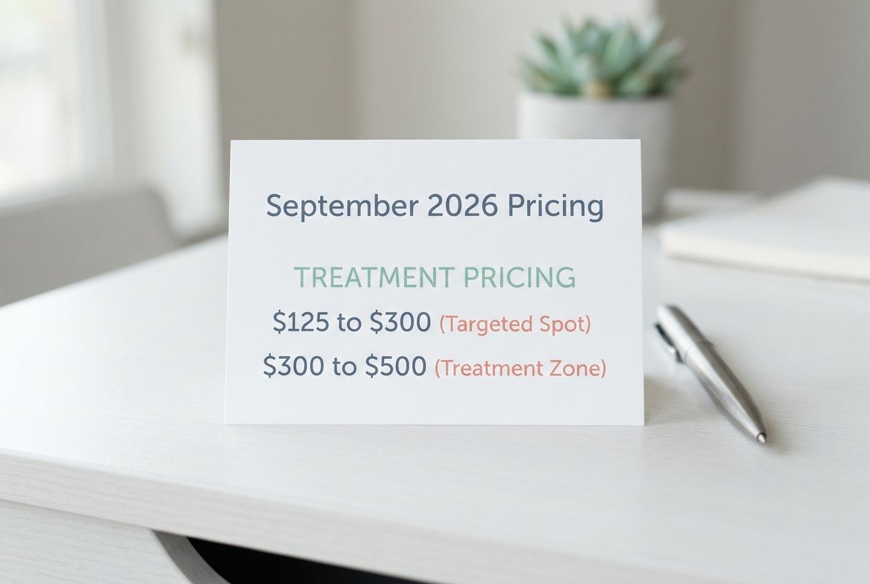A printed card displaying September 2026 pricing estimates for spot and zone removal on a modern desk.