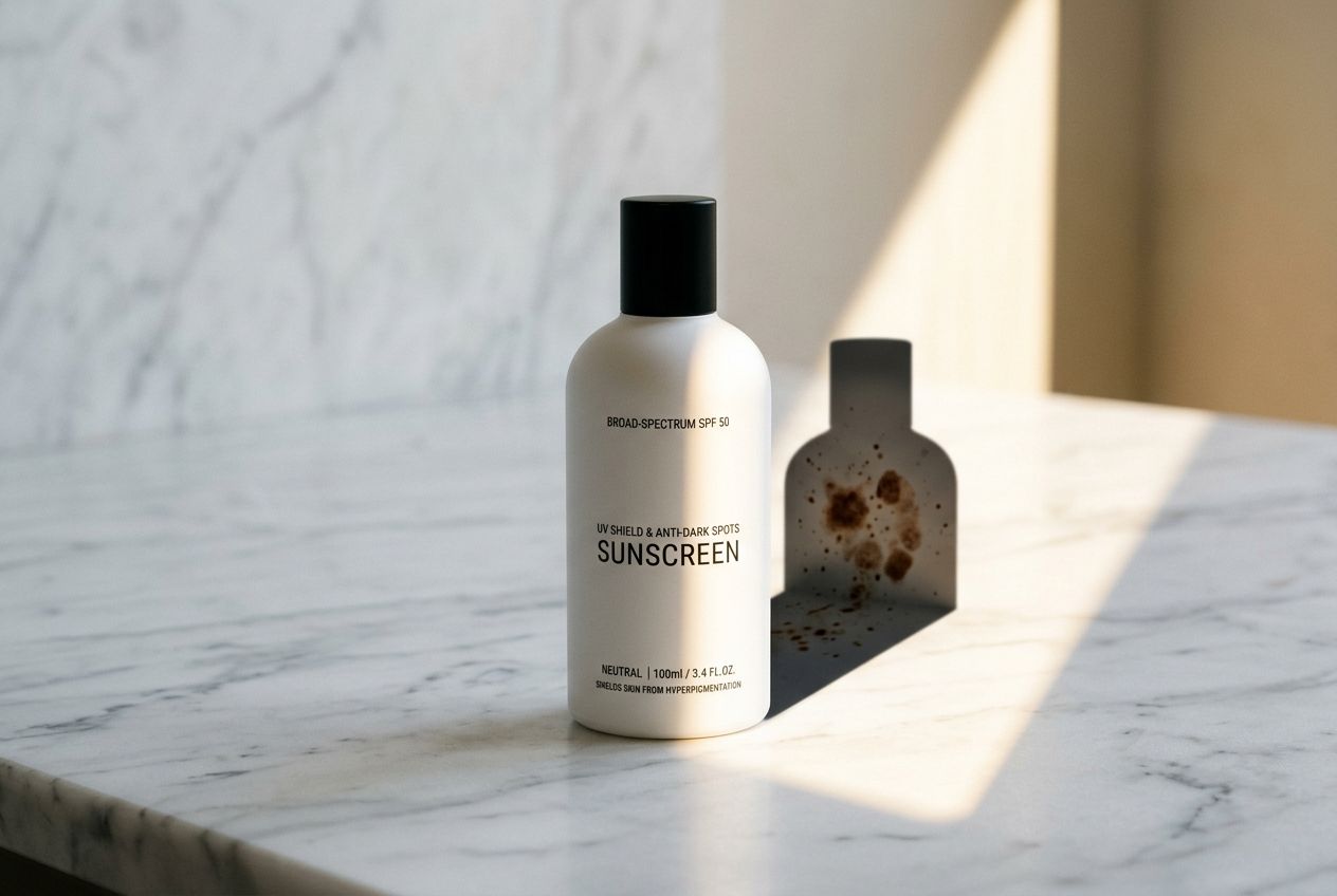 A sleek sunscreen bottle bathed in a ray of natural sunlight on a pristine counter.