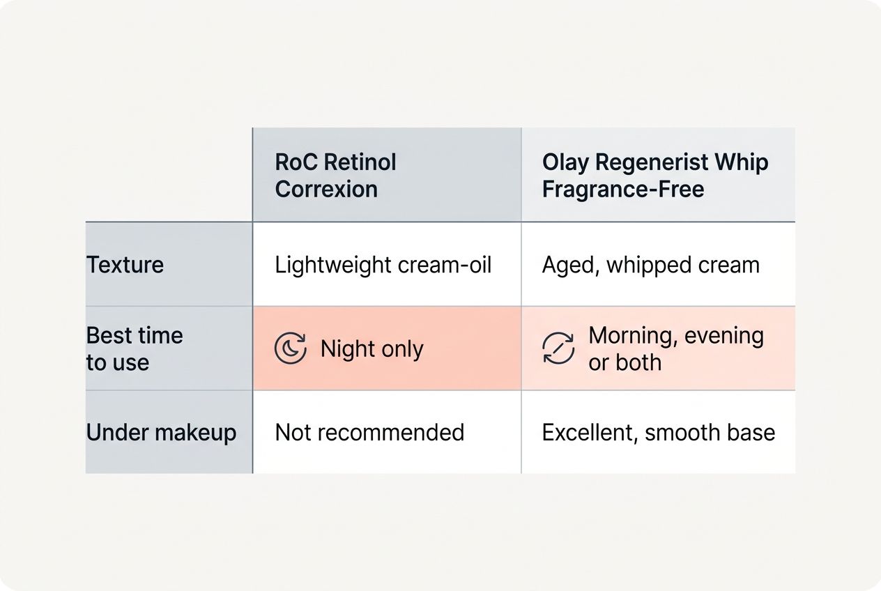 A digital table comparing the texture and application times of RoC and Olay products.